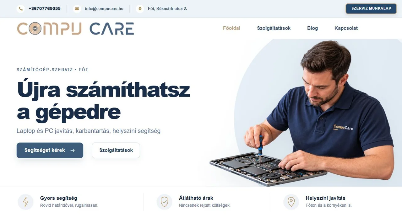 A CompuCare számítógépszerviz főoldalának részlete
