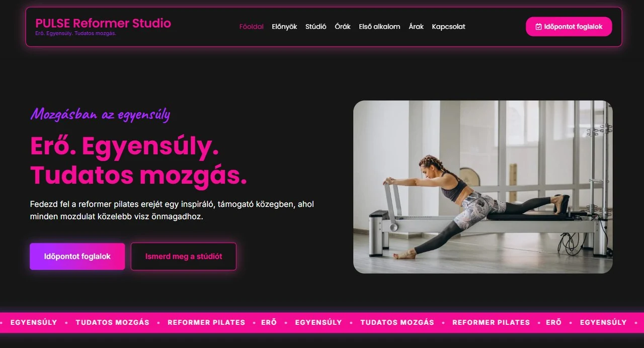 A PULSE Reformer Studio dark-neon mintaprojekt főoldala
