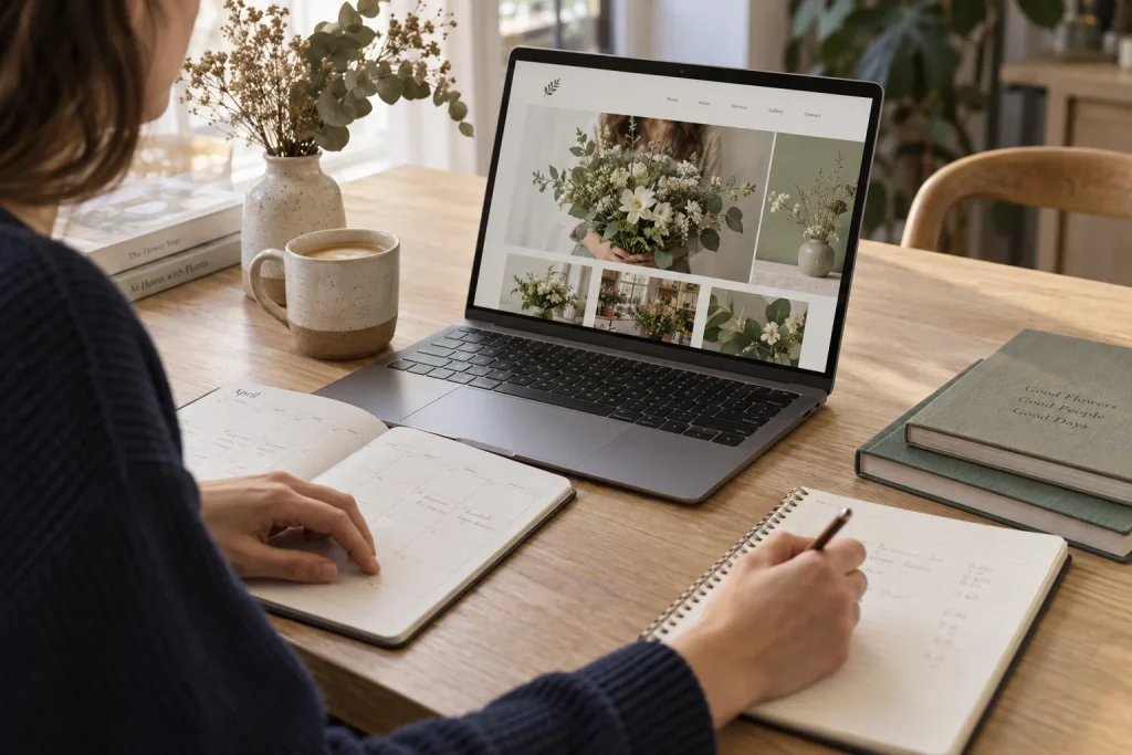 Vállalkozó egy weboldalt néz laptopon, és a következő időszakot tervezi naptárral és jegyzetfüzettel.
