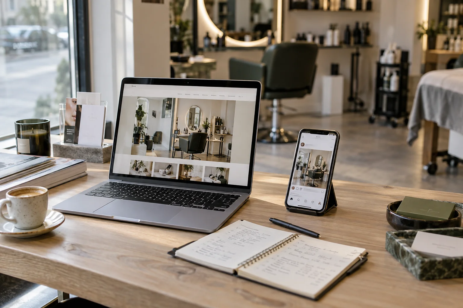 Egy szépségszalon asztalán laptop és telefon: a laptopon a vállalkozás weboldala, a telefonon közösségi bejegyzések láthatók.